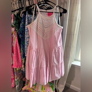 Lilly Pulitzer Pink Seersucker/Crochet Tiered Mini Dress